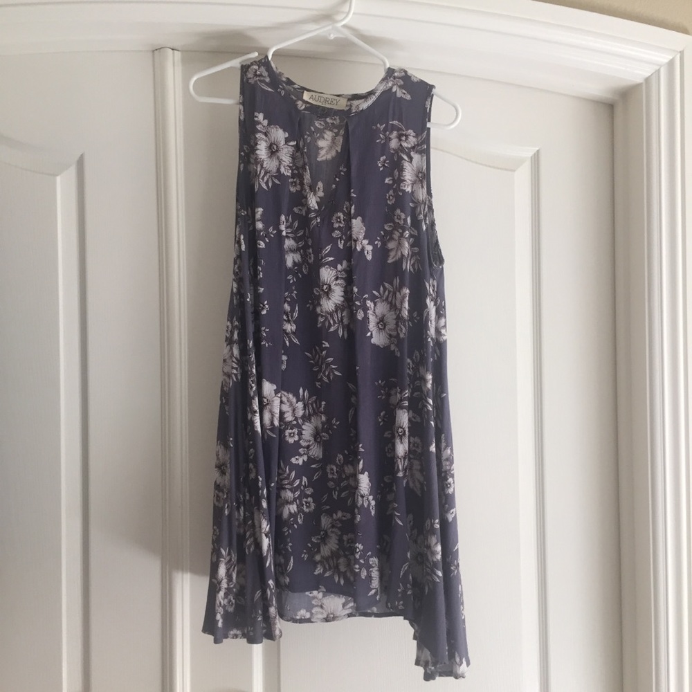Blue Floral Print Sun Dress Knee/Mid Thigh Length